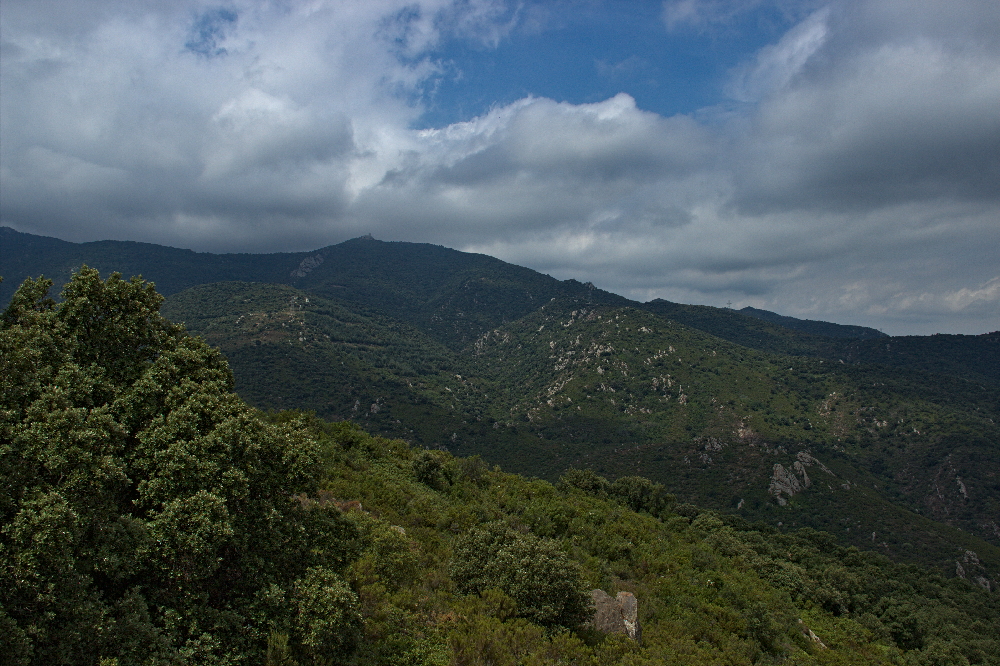 Pitons de pegmatites à flanc de montagne dans un paysage de maquis.